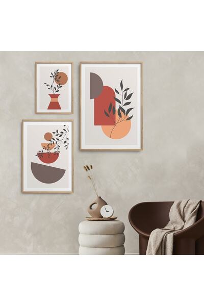 HOMEPACK 3'lü Set Doğal Ahşap Lamine Çerçeveli Geometrik Şekiller Tablo Seti ...