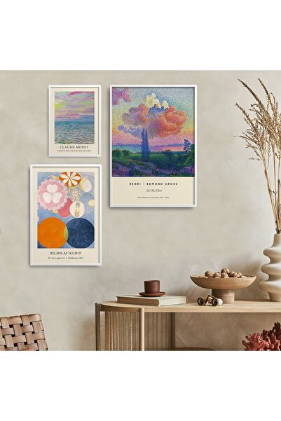 HOMEPACK 3'lü Set Doğal Ahşap Lamine Çerçeveli Hılma, Claude, Henri Tablo Set...