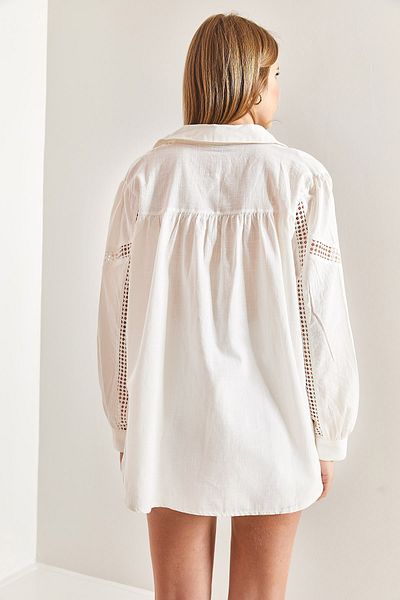 Bianco Lucci Women's Lace Patterned Linen Shirt