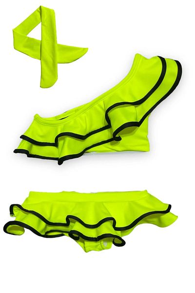 My Kids Wear Girl's Neon Colors Pink Color One Shoulder Ruffle Bikini Set