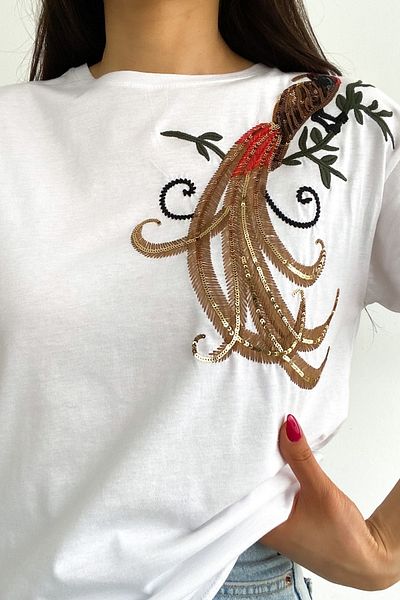 FEMELLE Tricou alb pentru femei, cu decolteu, cu pasăre, cu paiete, brodat din bumbac 100%