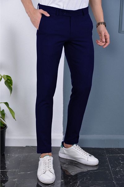 Mamlay Men's Navy Blue Color Italian Cut Quality Flexible Lycra Ankle Length Slimfit Fabric Trousers