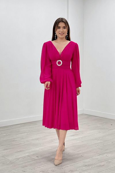 giyimmasalı Chiffon Fabric Midi Dress - Fuchsia
