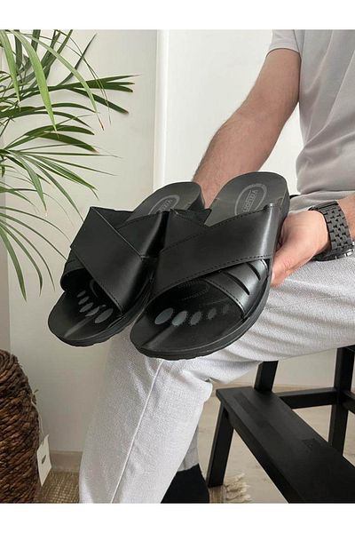 Behtah Kundura Ανδρικές παντόφλες King Size Large Size Μαύρες Casual Νούμερο 43 44 45 46 47