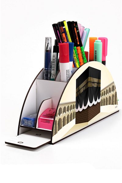 kutuTR Wooden Vip Islamic Rainbow Ruled Desktop Pen Holder Organizer Assembled Boxed