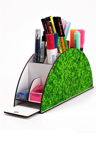 kutuTR Wooden Vip Pattern Series Rainbow Ruled Desktop Pen Holder Organizer with Assembled Box