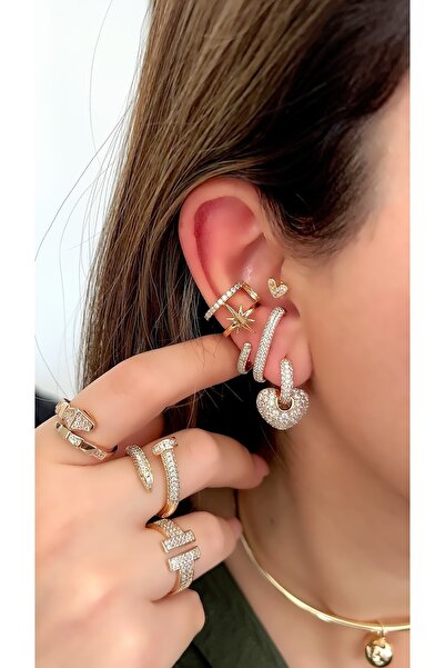 SU PERİSİ TAKI BİJUTERİ Vip Seri Gold Zirkon Taşlı Kalp Küpe