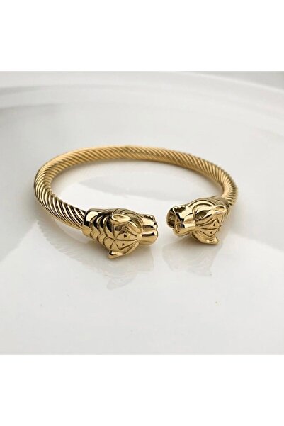 HOSBUTIK Gold Çelik Kararmaz Kaplan Kelepçe Bileklik