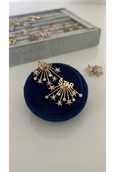 SU PERİSİ TAKI BİJUTERİ Vip Seri Gold Star Sloganlı Kayan Yıldızlı Küpe