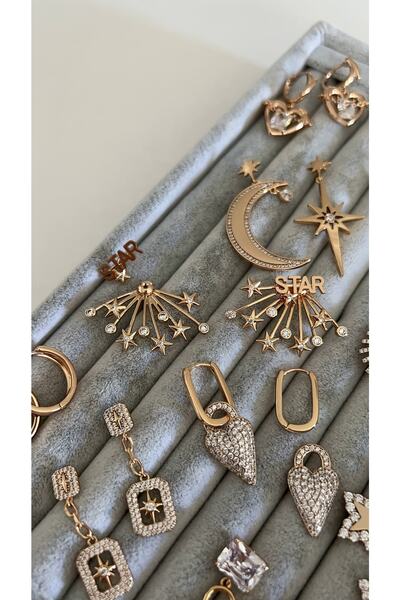 SU PERİSİ TAKI BİJUTERİ Vip Seri Gold Star Sloganlı Kayan Yıldızlı Küpe