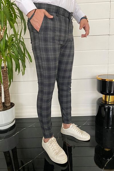 MODAMESTO Men's Black Slim Fit Plaid Fabric Trousers