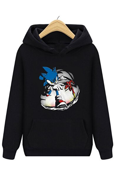 GALASHOP Sonic Siyah Unisex Kapşonlu Sweatshirt Yeni Model Sonıc Kirpi