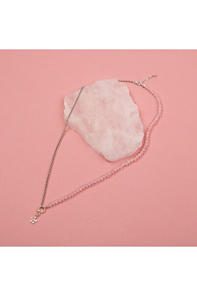 OSMANLI DOĞAL TAŞ Pembe Kuvars Doğal Taşlı Papatya Gümüş Kolye