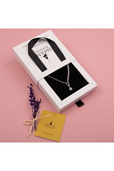 OSMANLI DOĞAL TAŞ Pembe Kuvars Doğal Taşlı Papatya Gümüş Kolye