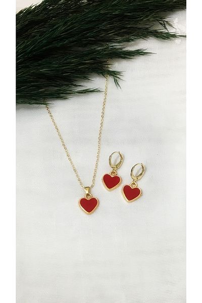 Gizemli Aksesuar Red Heart Figured Necklace and Earring Set