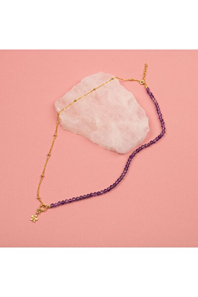 OSMANLI DOĞAL TAŞ Ametist Doğal Taşlı Papatya Motifli Gümüş Şans Kolyesi