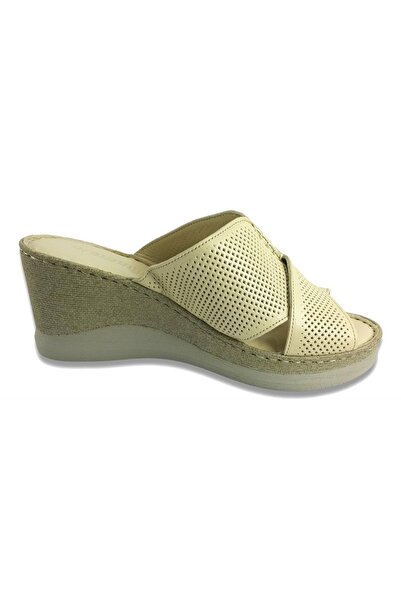 Mammamia D23yt-2095 Beige Color Leather Anatomical Wedge Heel (7cm) Women's Slippers
