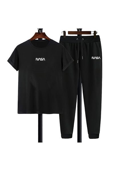 bugysprings Unisex εμπριμέ μαύρο μπλουζάκι με λαιμόκοψη και μαύρο φούτερ στο κάτω μέρος Σετ 2 τεμαχίων