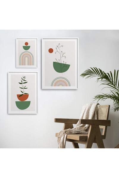 HOMEPACK 3'lü Set Doğal Ahşap Lamine Çerçeveli Linear Çizgisel Ve Daire Şekil...