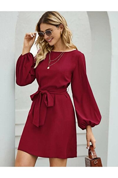 Styling Park Balon Kol Kuşaklı Mini Elbise