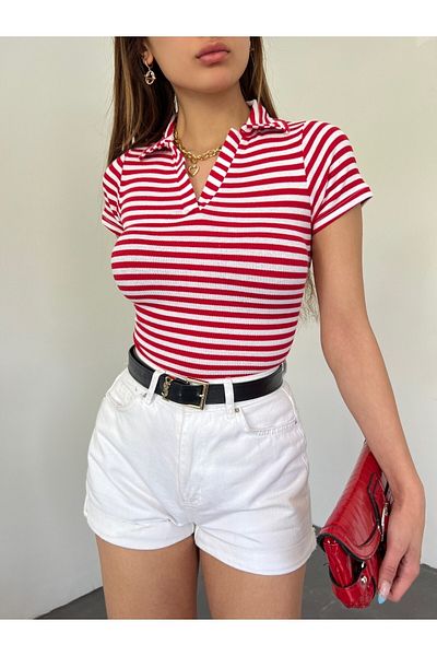 Fav Style Women's Polo Neck Short Sleeve Striped Camisole Crop Blouse Red White