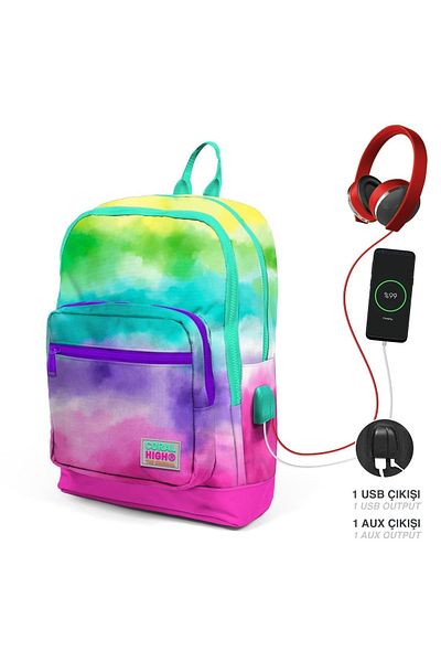 Coral High Kids Colorful Batik Patterned Four Compartment USB School Backpack 23839