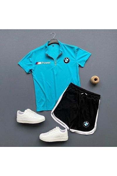 NewCabin New Season Trend με μισό φερμουάρ λογότυπο αυτοκινήτου τυπωμένο μπλουζάκι από ύφασμα ζέρσεϊ - υφασμάτινο σορτς ζέρσεϊ 2 τεμαχίων