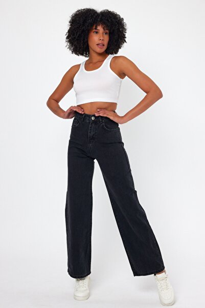 VivaJoy أنثراسايت رمادي ارتفاع الخصر ليكرا الدينيم بالازو الجينز