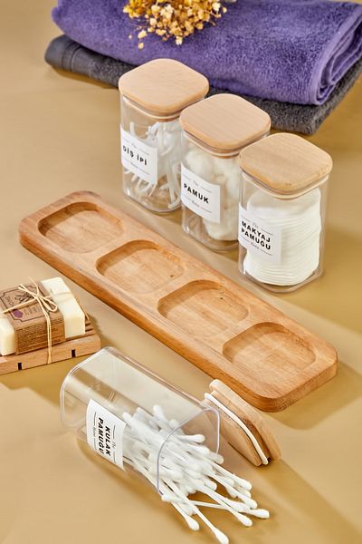 FBZhome 4-Piece Mica Ear Cotton & Cotton & Makeup Cotton & Floss Organizer Storage Box with Wooden Stand