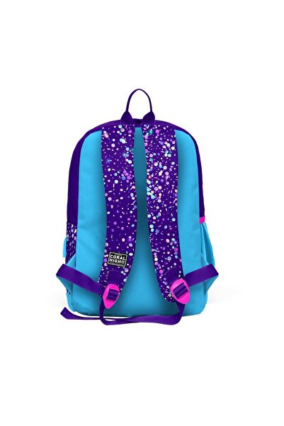 Coral High Kids Purple Blue Pink Heart Patterned Four Compartment USB School Backpack 23840