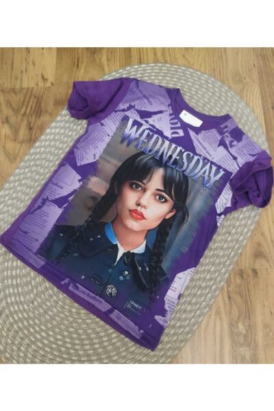 YDBKStore Kız Çocuk(7-14 Yaş) Wednesday Addams Digital Baskılı O Yaka Kısa Ko...