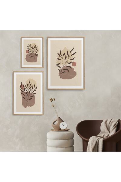 HOMEPACK 3'lü Set Doğal Ahşap Lamine Çerçeveli Geometrik Şekiller Boho Tarzı ...