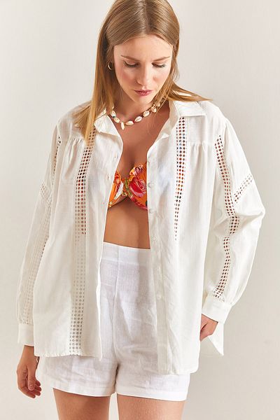 Bianco Lucci Women's Lace Patterned Linen Shirt