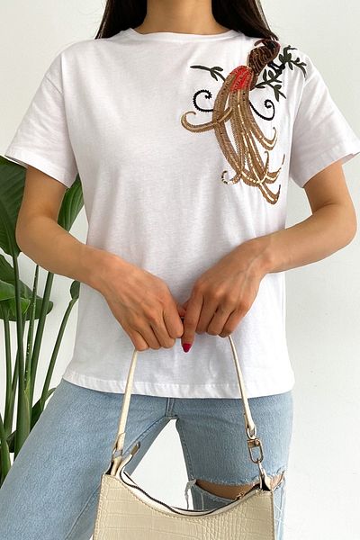 FEMELLE Tricou alb pentru femei, cu decolteu, cu pasăre, cu paiete, brodat din bumbac 100%