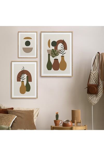 HOMEPACK 3'lü Set Doğal Ahşap Lamine Çerçeveli Geometrik Şekillerle Vazo Tabl...