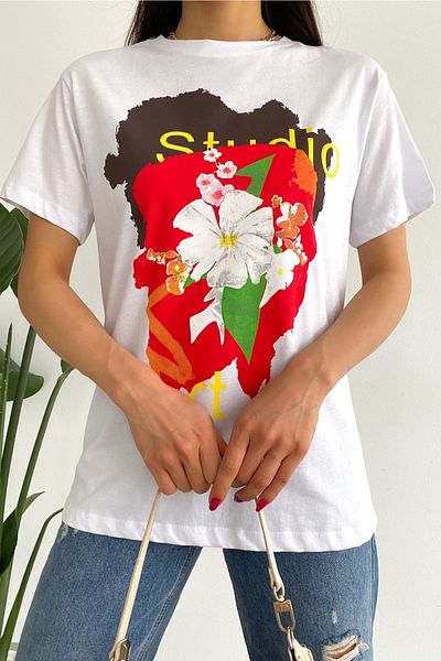 FEMELLE Tricou alb pentru damă, cu gât crew, imprimat 100% bumbac