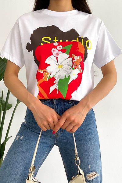 FEMELLE Tricou alb pentru damă, cu gât crew, imprimat 100% bumbac