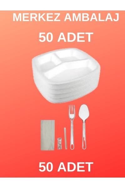 ACL Piknik Mevlid Düğün Kına Yemek Iş Yeri Ve Ofis Için 3 Göz Köpük Tabak 50 Şer Adet Piknik Seti