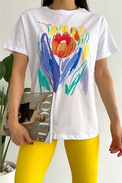 FEMELLE Women's White Crew Neck Floral Printed 100% Cotton T-Shirt