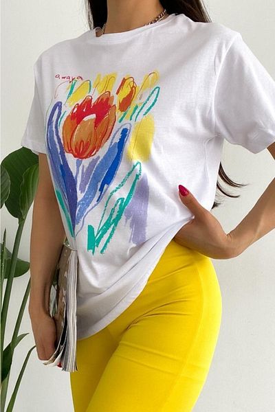 FEMELLE Women's White Crew Neck Floral Printed 100% Cotton T-Shirt