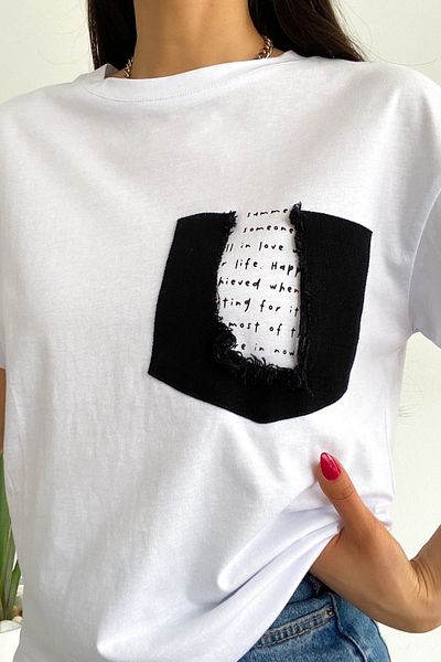 FEMELLE Women's White Crew Neck Pocket Ripped Denim And Text Detailed 100% Cotton T-Shirt