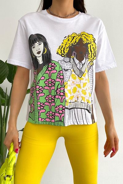 FEMELLE Women's White Crew Neck Printed 100% Cotton T-Shirt
