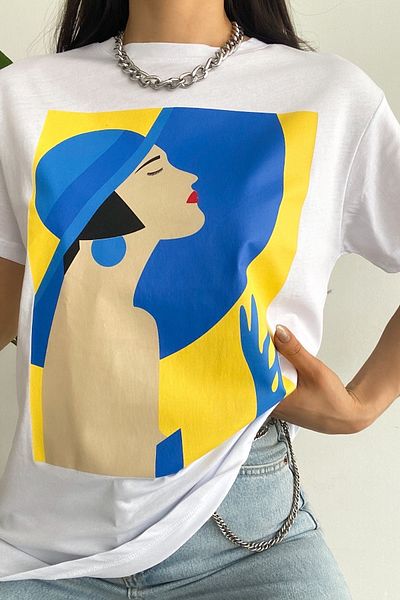 FEMELLE Women's White Crew Neck Printed 100% Cotton T-Shirt
