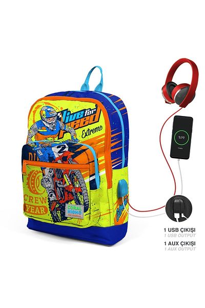 Coral High Rucsac de școală USB cu patru compartimente pentru copii, evidențiind galben Saks pentru motociclete 23842