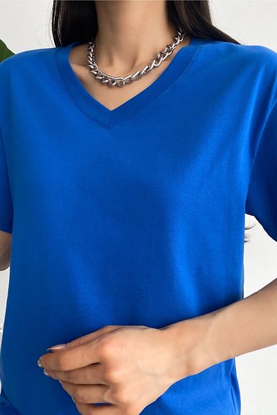 FEMELLE Tricou de bază Saks Blue, cu decolteu în V, 100% bumbac
