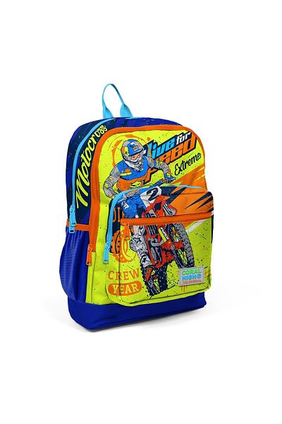 Coral High Kids Highlighter Yellow Saks Motorcycle Patterned Four Compartment School Backpack 23742