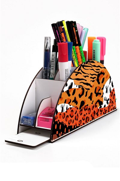 kutuTR Wooden Vip Pattern Series Rainbow Ruled Desktop Pen Holder Organizer with Assembled Box