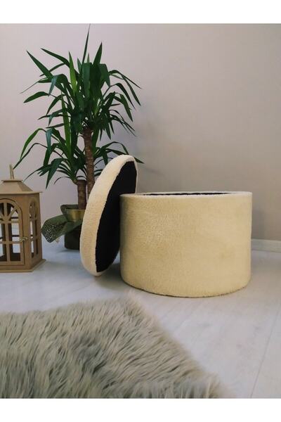 PUFANNA Handmade X Large Bej Tedy Kumaş Sandıklı Silindir Dekoratif Pufidik Puf Bench