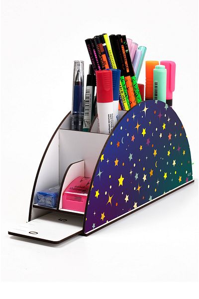kutuTR Wooden Vip Planet Series Rainbow Ruled Desktop Pen Holder Organizer with Assembled Box