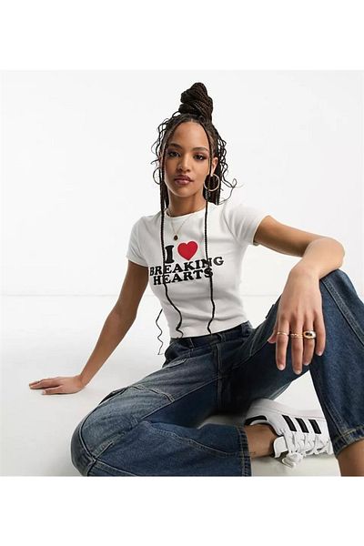 Touz I Love Breaking Hearts Printed White Crop